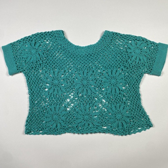 Say What Brand Crop Top Short Sleeve Crochet Sweater Teal Women Size S Pre-Owned - Picture 6 of 6